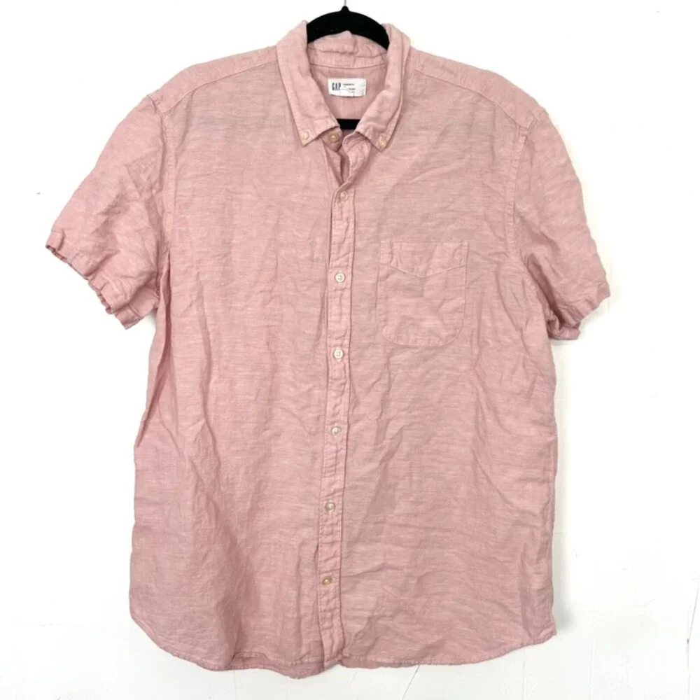 Gap Linen Blend Short Sleeve‎ Button Down Shirt Pink Standard Fit XL